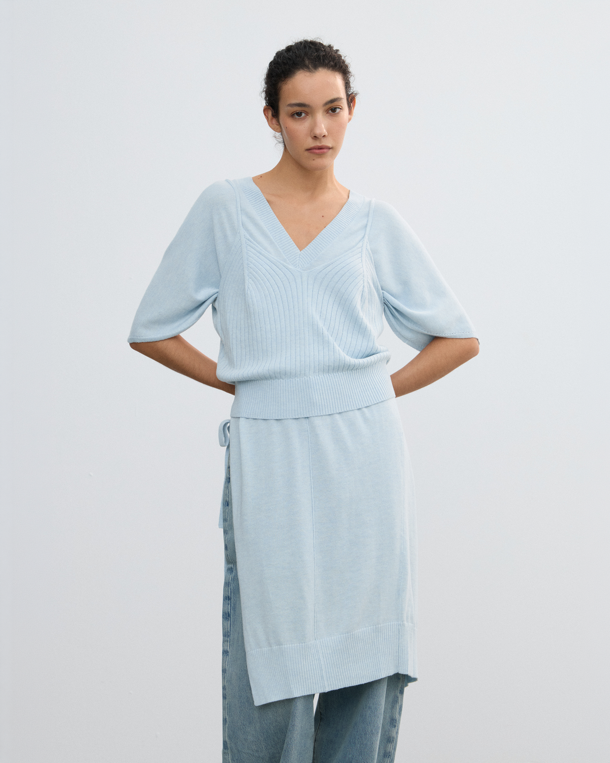 DOUBLE-LAYER DRAPED TIE DRESS