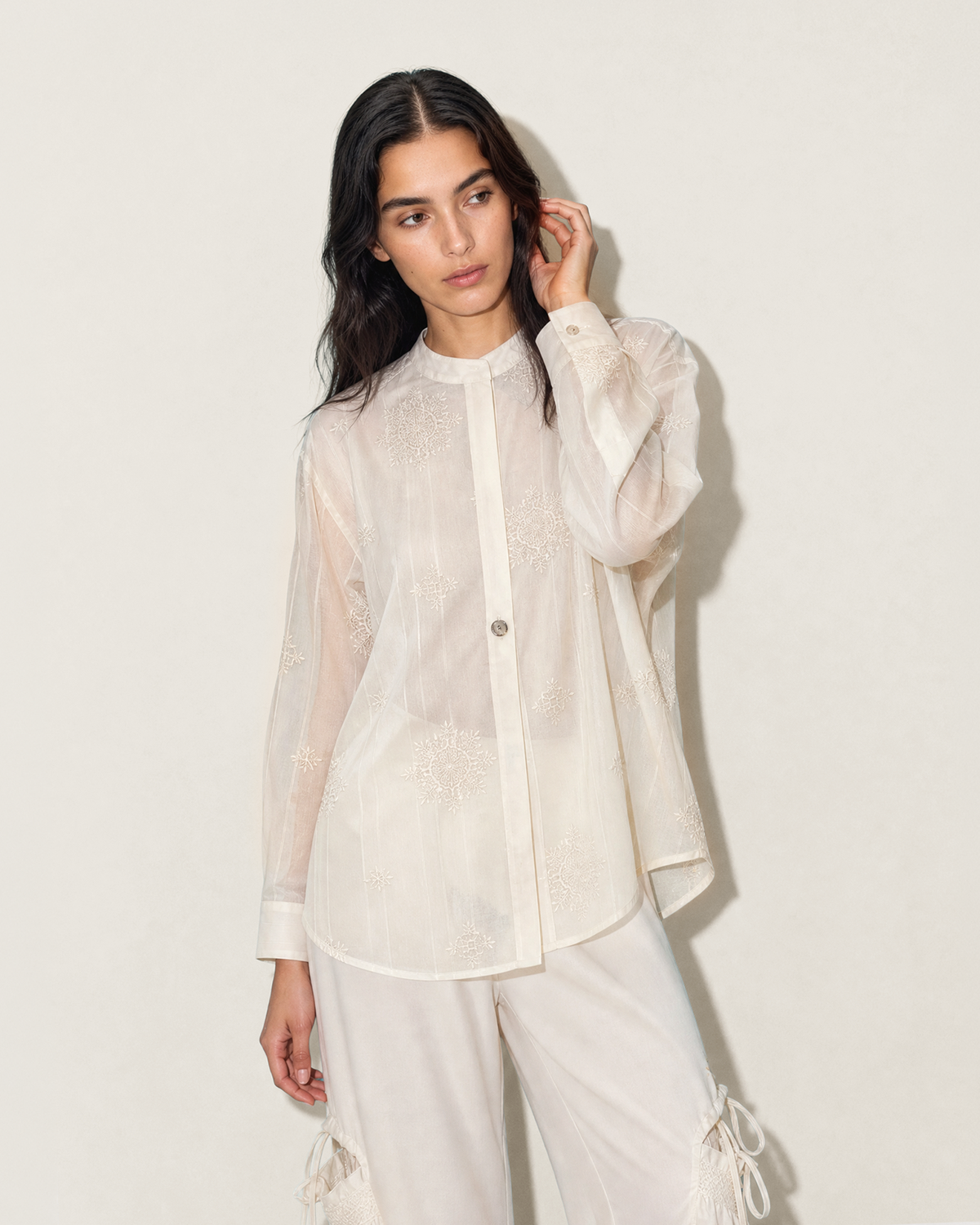 EMBROIDERED COLLARLESS RESORT SHIRT