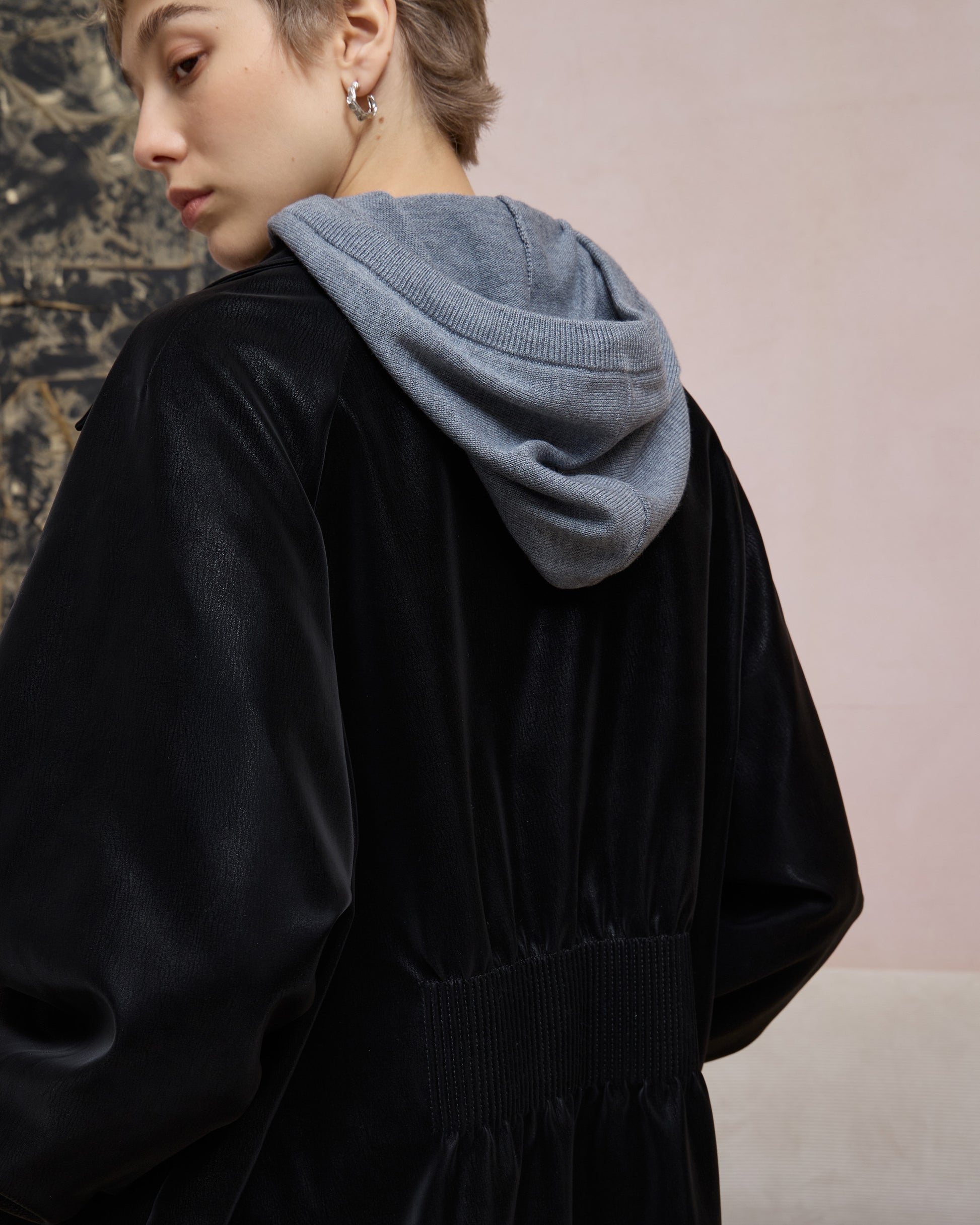 BACK PLEATED FAUX LEATHER COAT