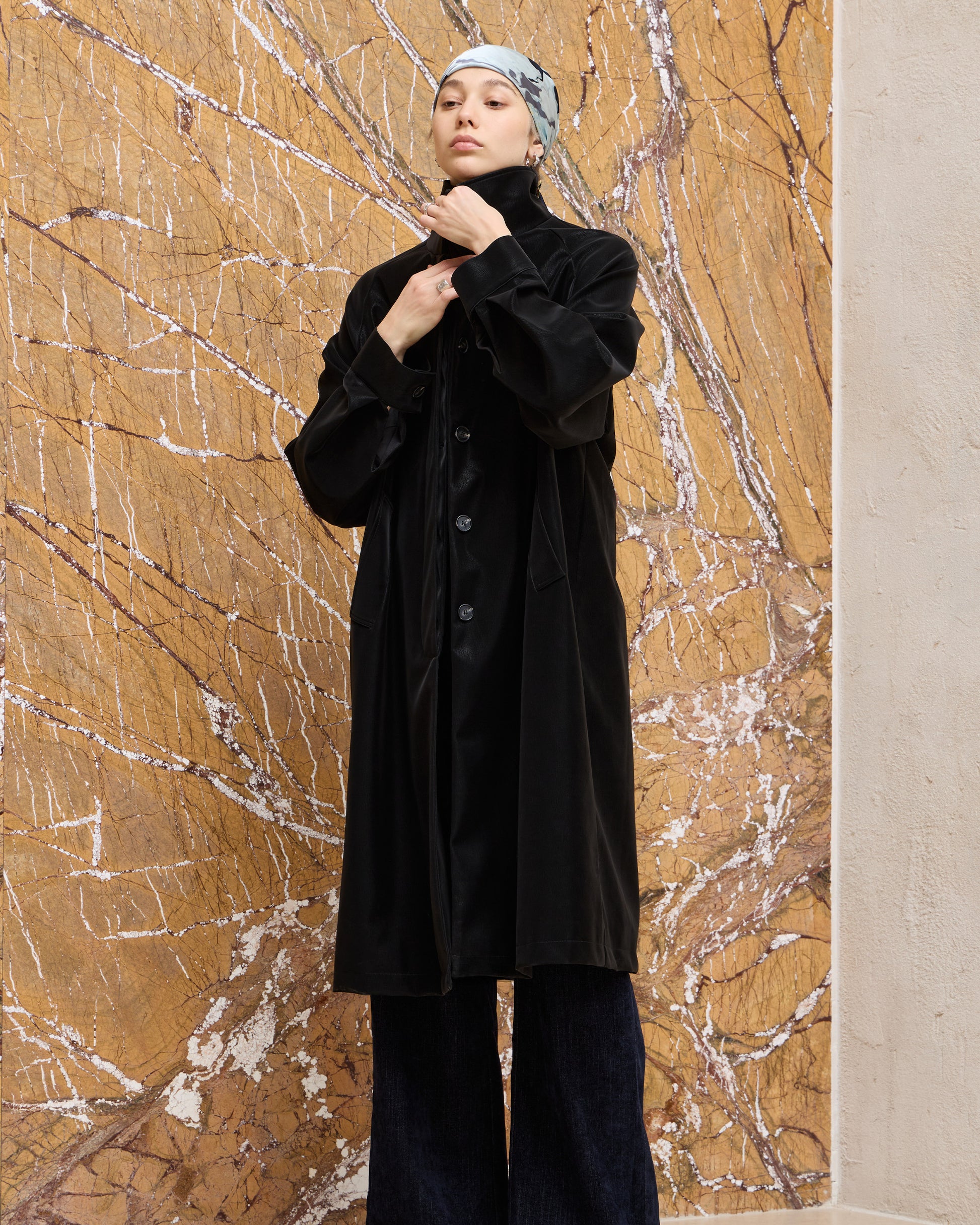 BACK PLEATED FAUX LEATHER COAT