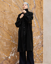 BACK PLEATED FAUX LEATHER COAT