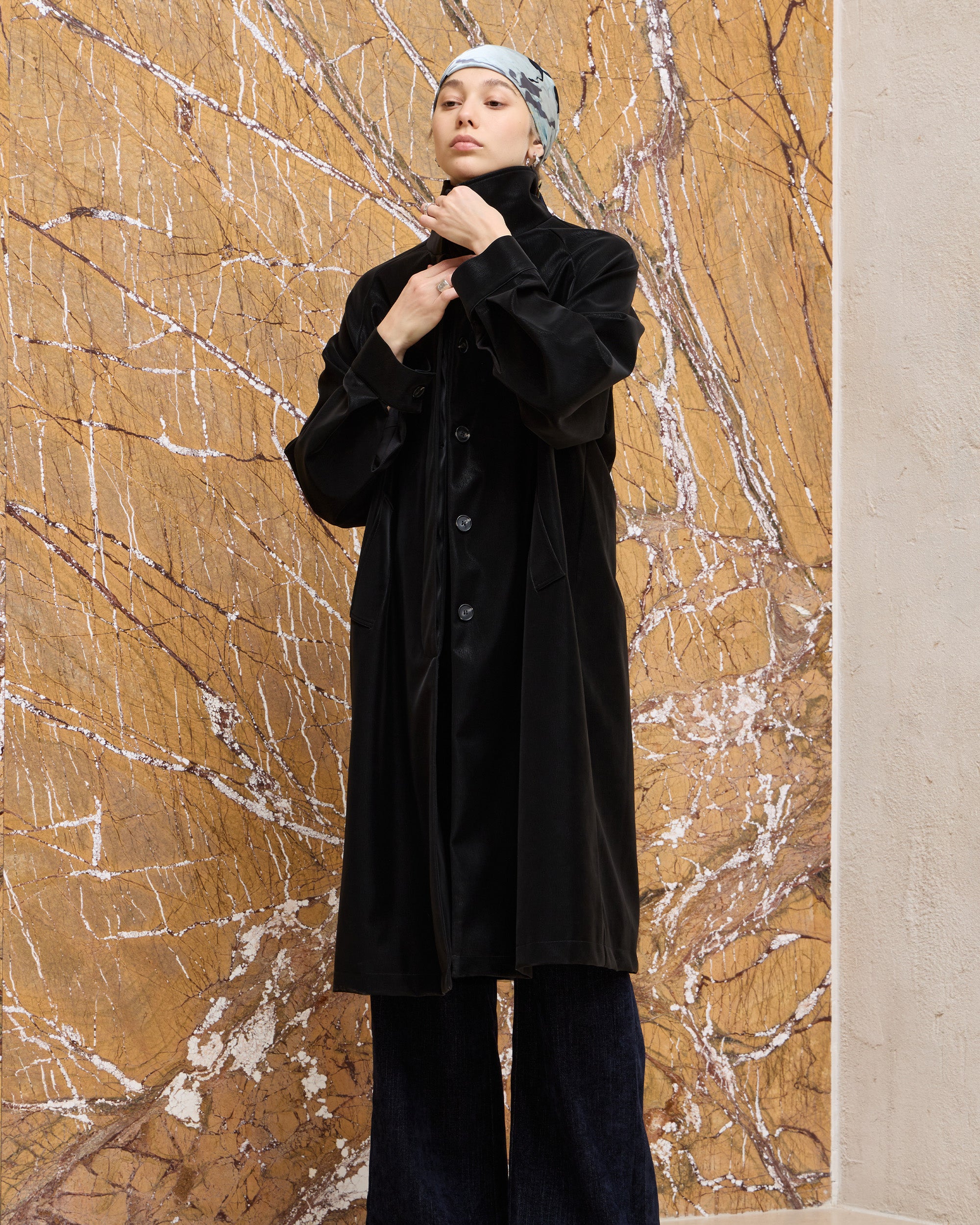 BACK PLEATED FAUX LEATHER COAT