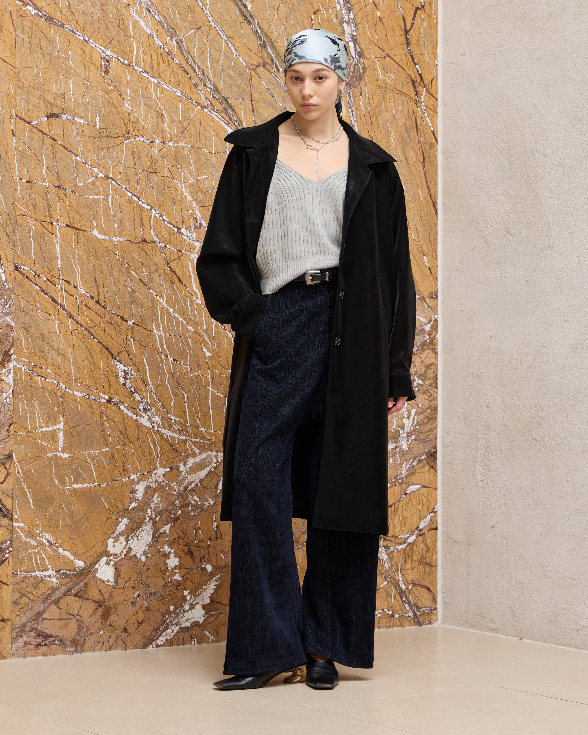 BACK PLEATED FAUX LEATHER COAT