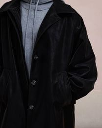 BACK PLEATED FAUX LEATHER COAT