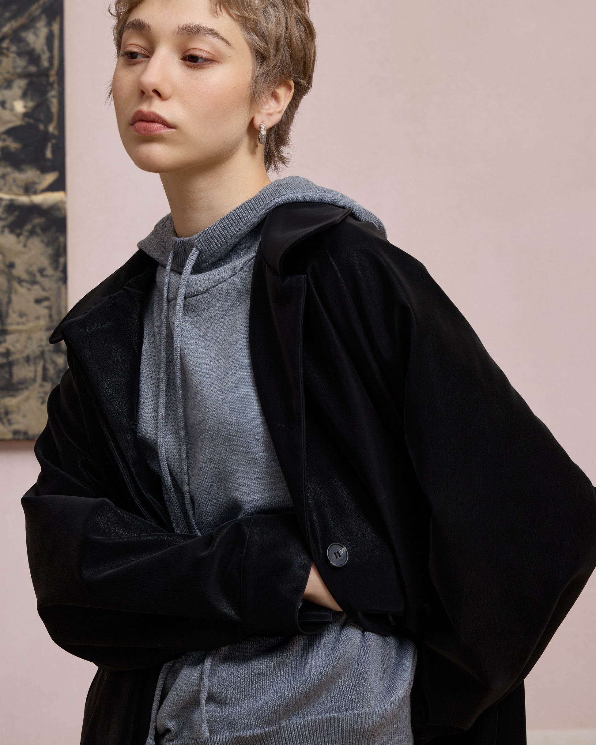 BACK PLEATED FAUX LEATHER COAT