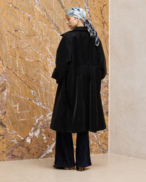 BACK PLEATED FAUX LEATHER COAT