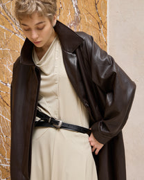BACK PLEATED FAUX LEATHER COAT