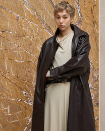 BACK PLEATED FAUX LEATHER COAT