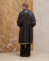 BACK PLEATED FAUX LEATHER COAT