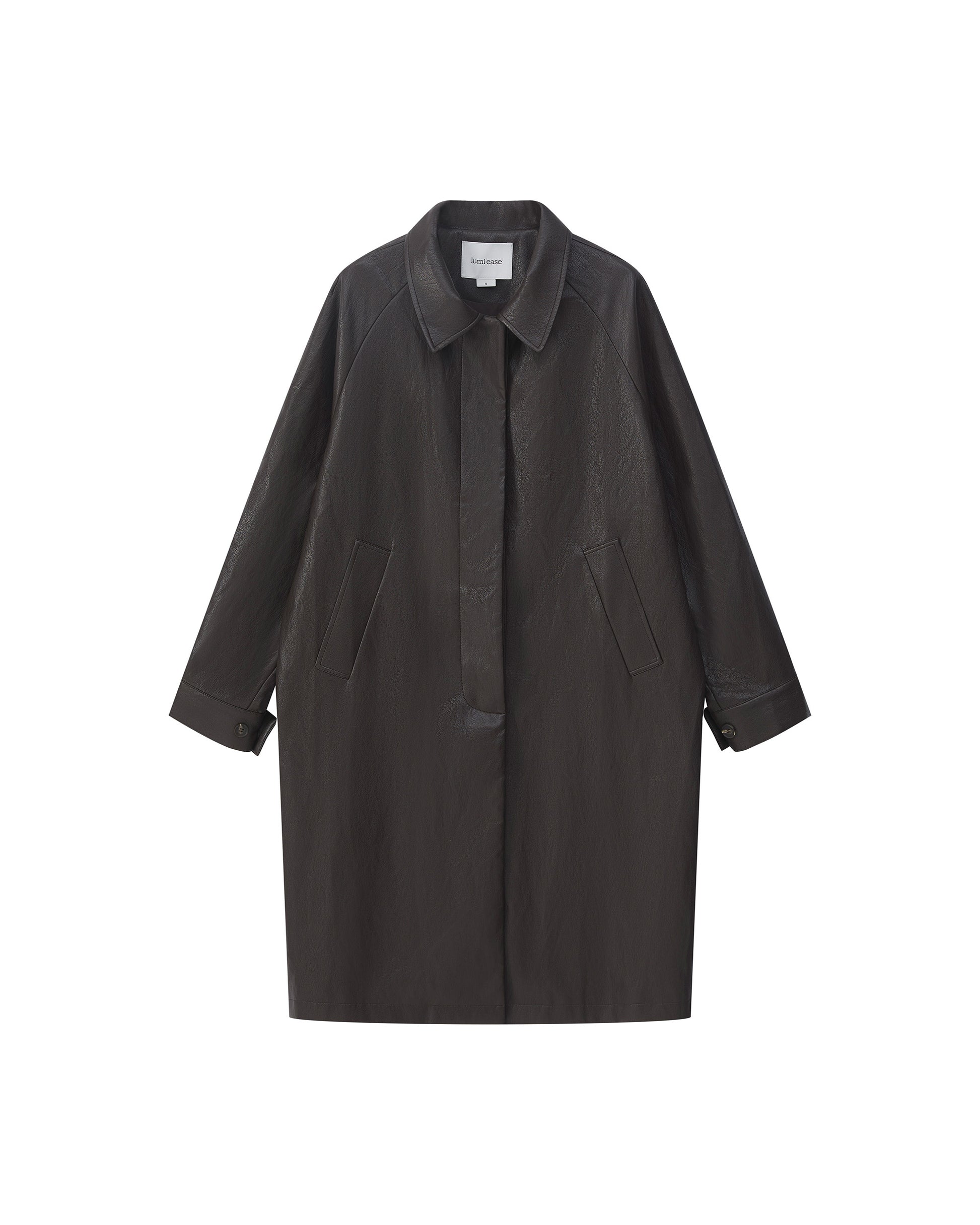 BACK PLEATED FAUX LEATHER COAT