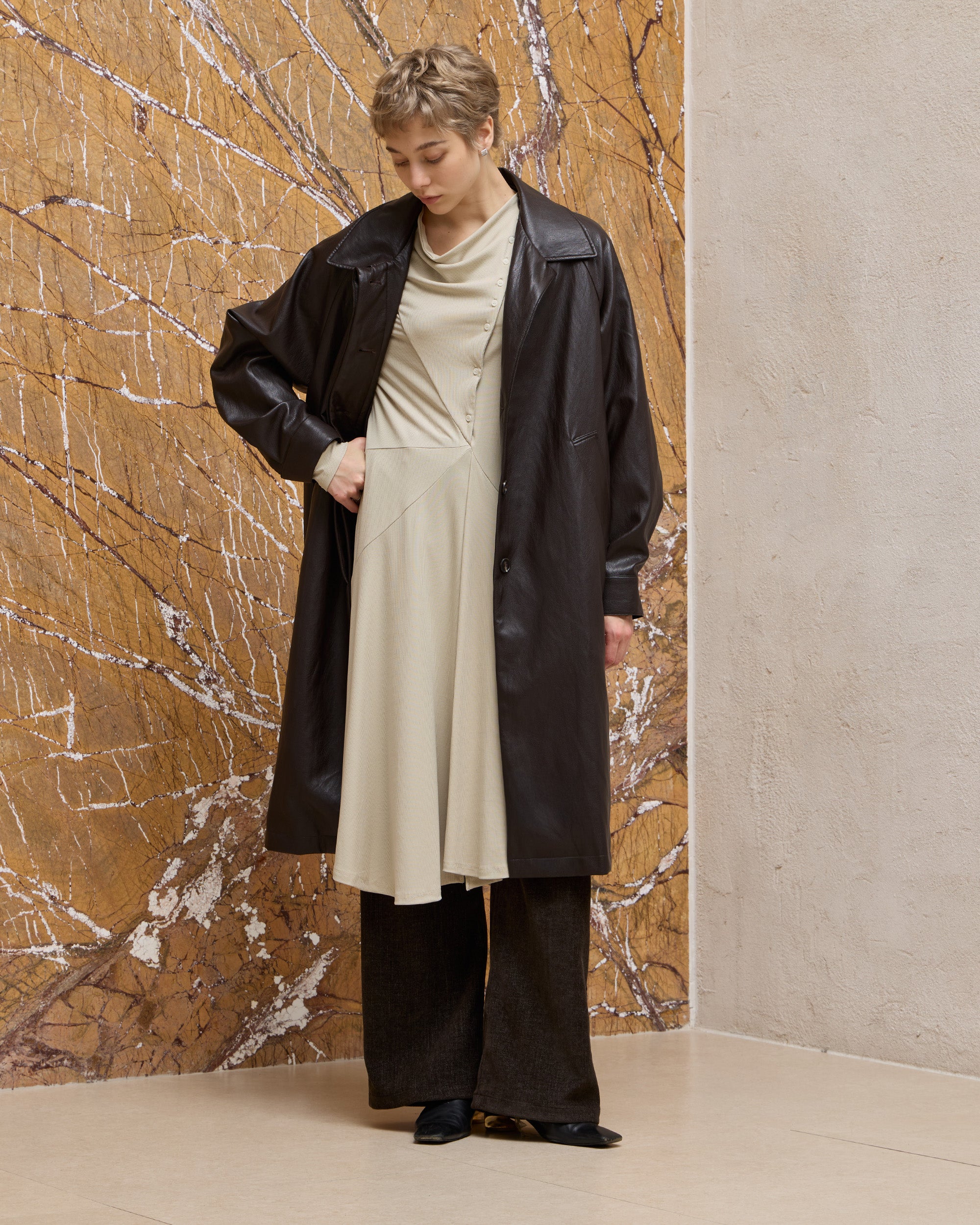 BACK PLEATED FAUX LEATHER COAT