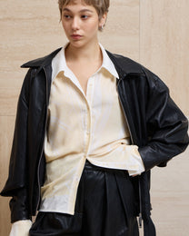 LAYERED COLLAR FAUX LEATHER JACKET