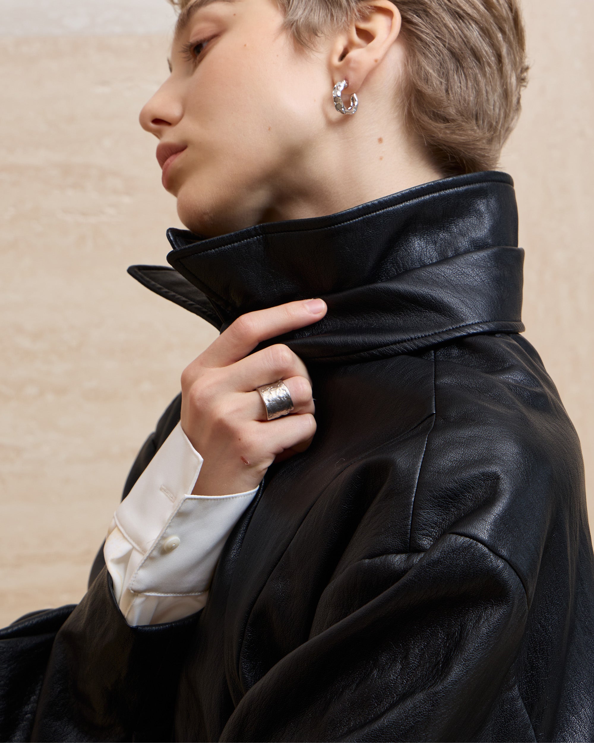 LAYERED COLLAR FAUX LEATHER JACKET