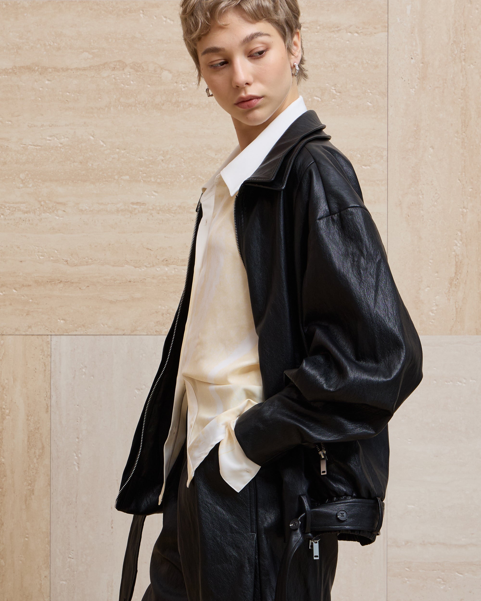 LAYERED COLLAR FAUX LEATHER JACKET