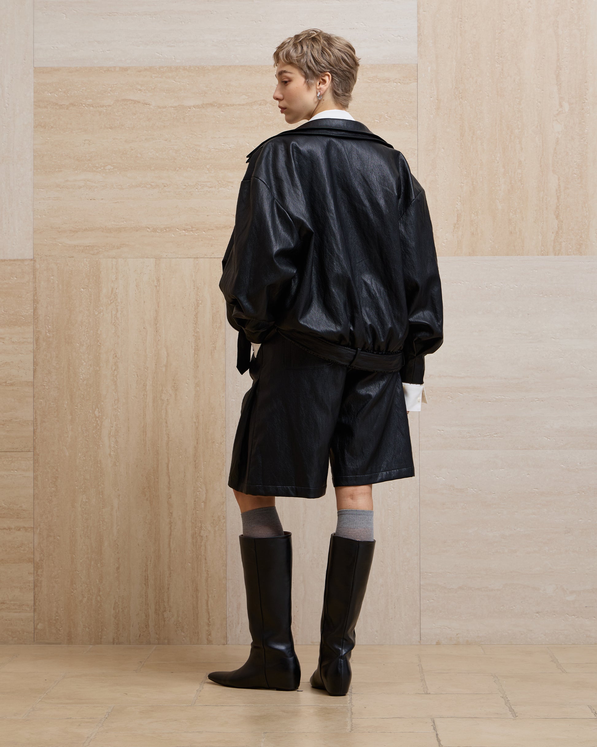 LAYERED COLLAR FAUX LEATHER JACKET