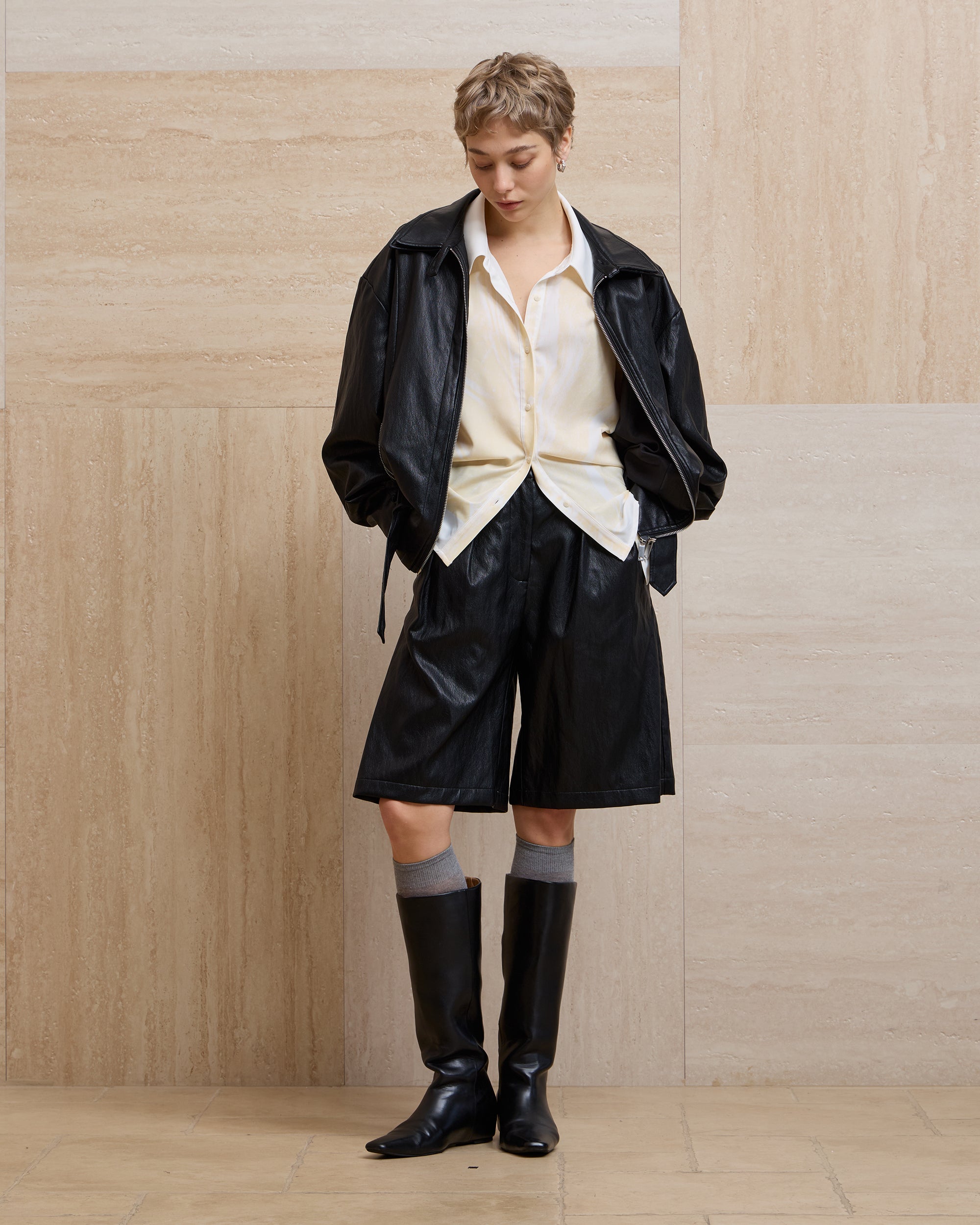 LAYERED COLLAR FAUX LEATHER JACKET