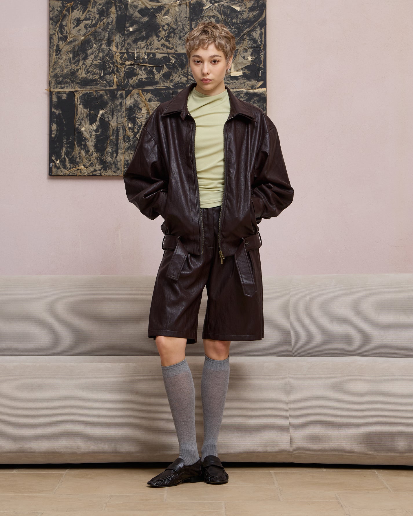 LAYERED COLLAR FAUX LEATHER JACKET