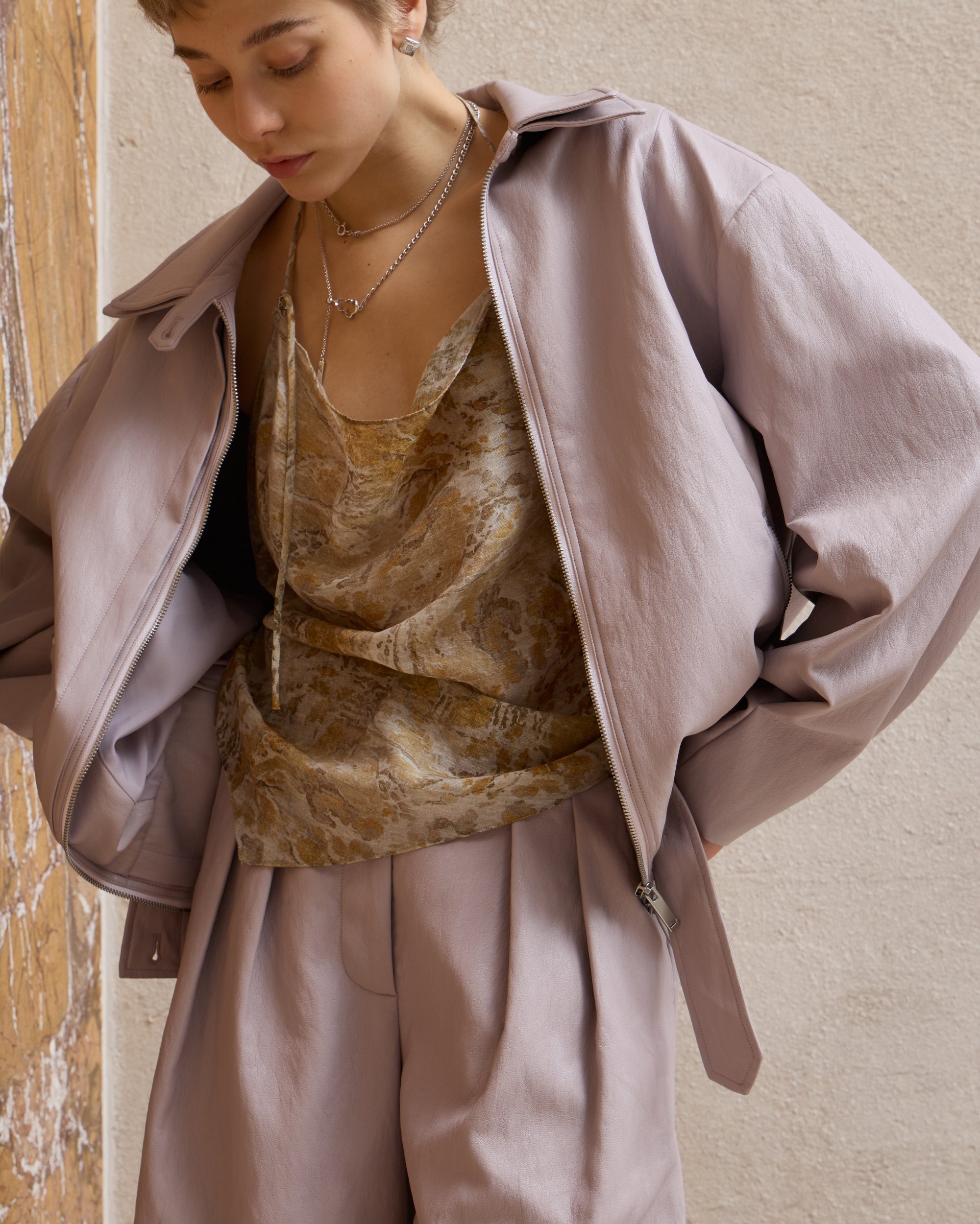 LAYERED COLLAR FAUX LEATHER JACKET