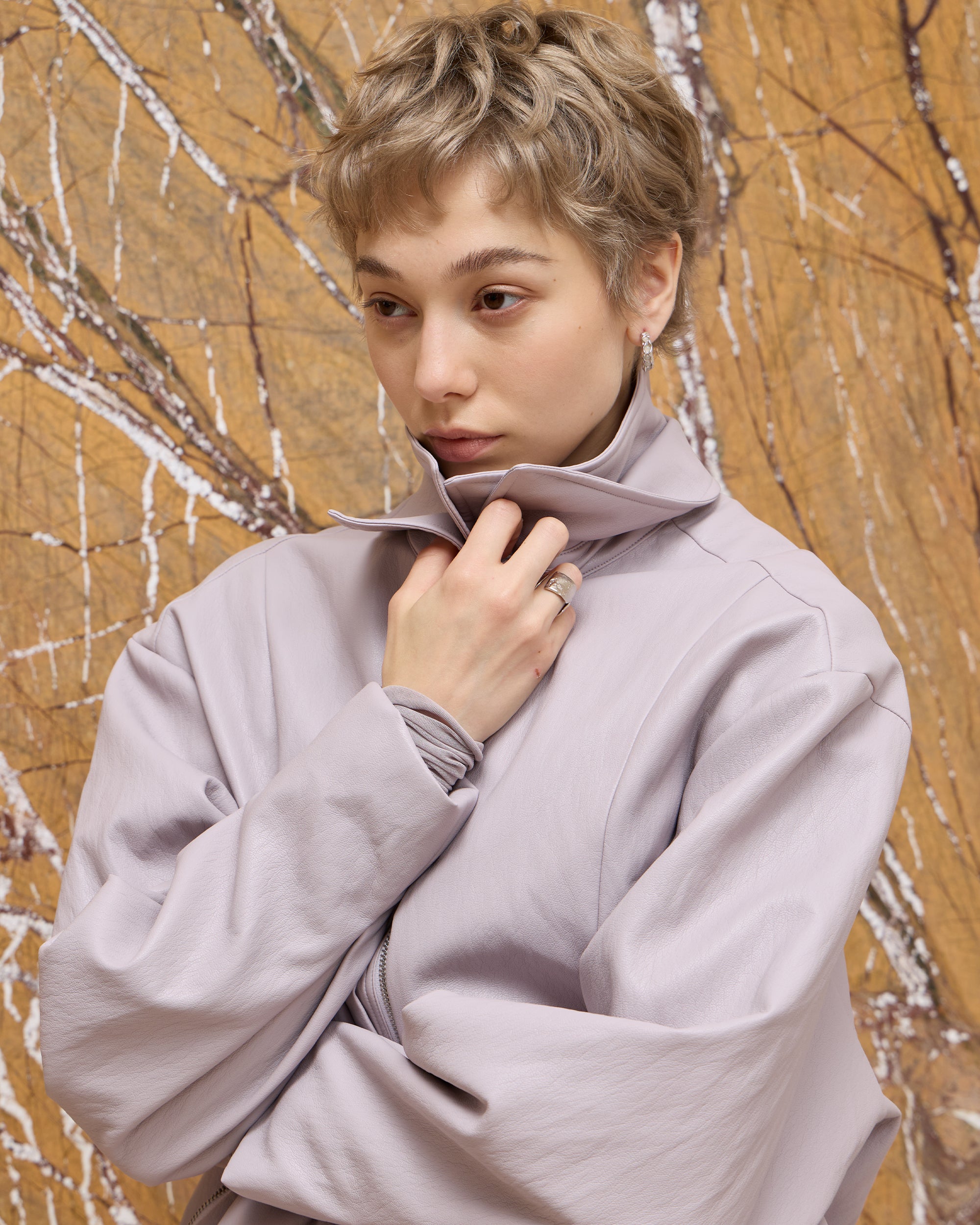 LAYERED COLLAR FAUX LEATHER JACKET