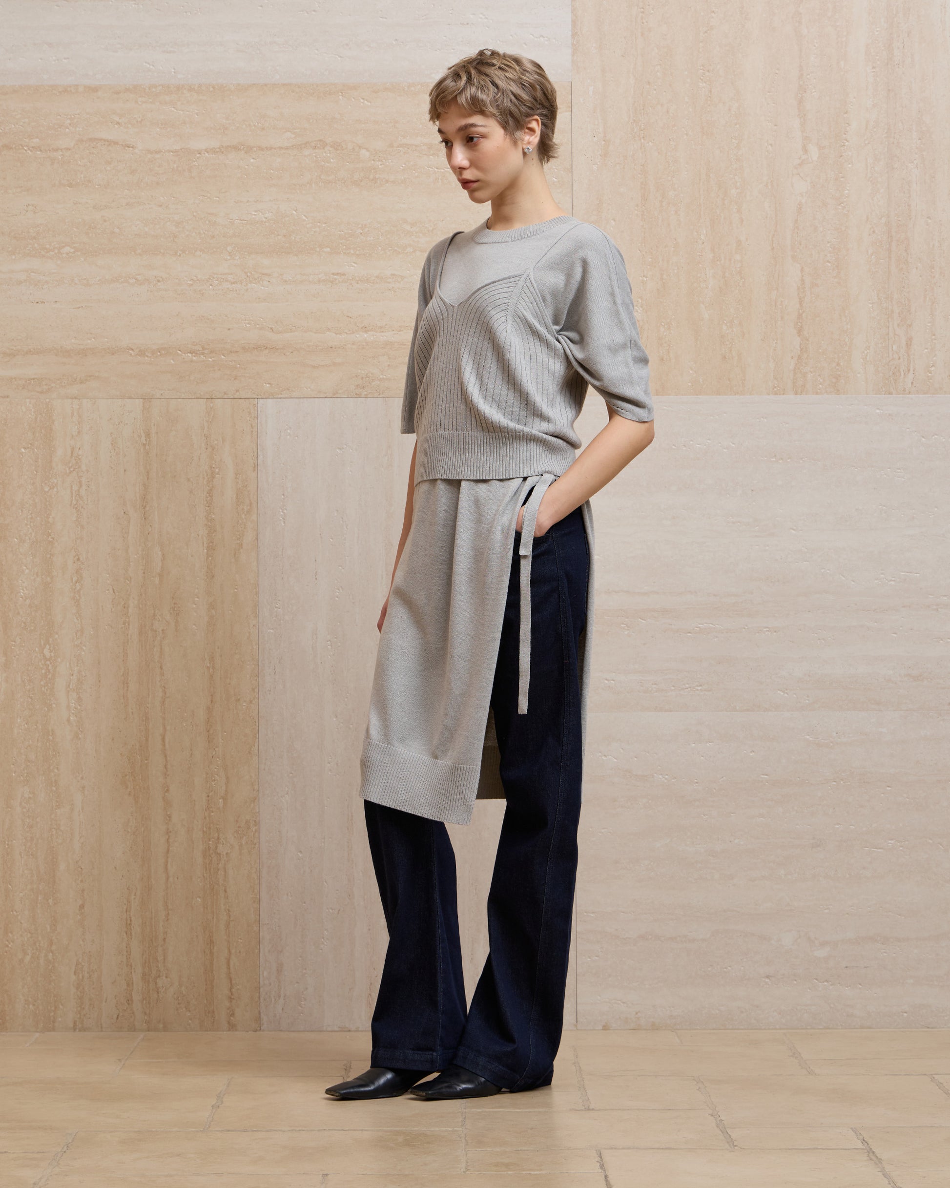 DOUBLE-LAYER DRAPED TIE DRESS