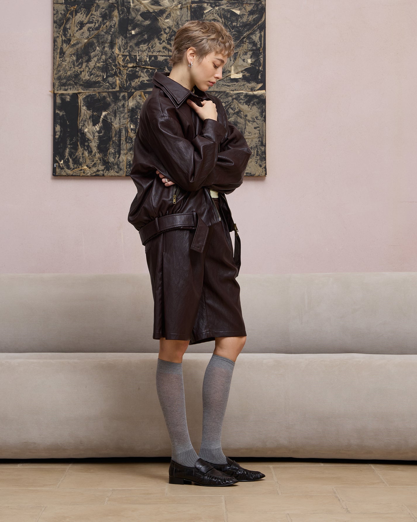 LAYERED COLLAR FAUX LEATHER JACKET