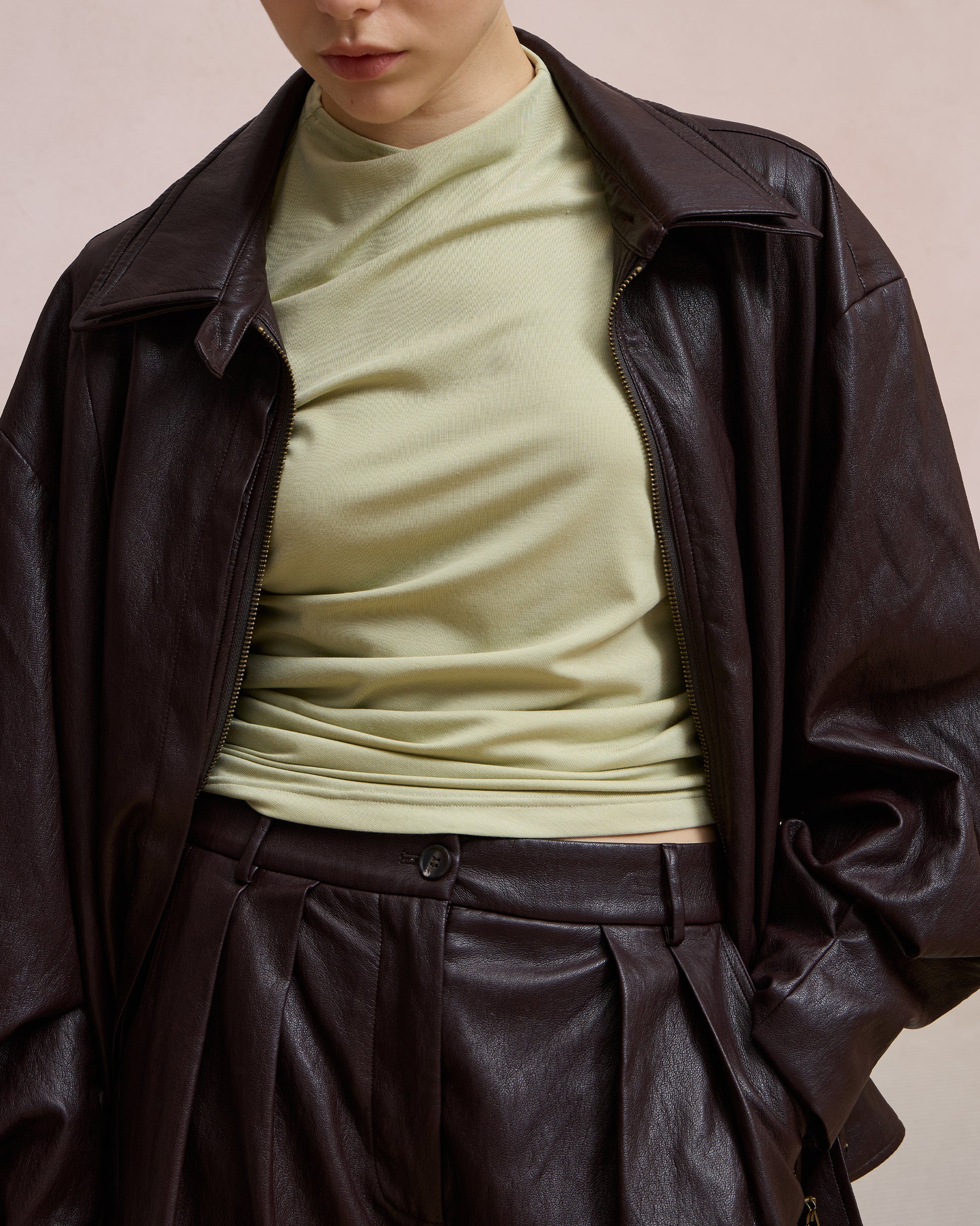 LAYERED COLLAR FAUX LEATHER JACKET