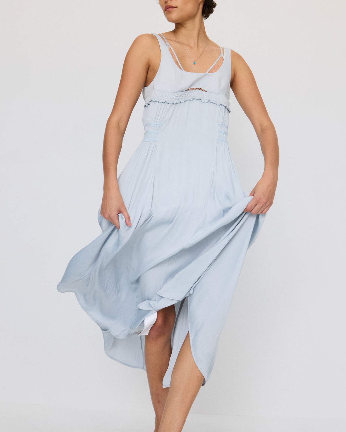 DOUBLE LAYER LACE PINTUCK SATIN DRESS