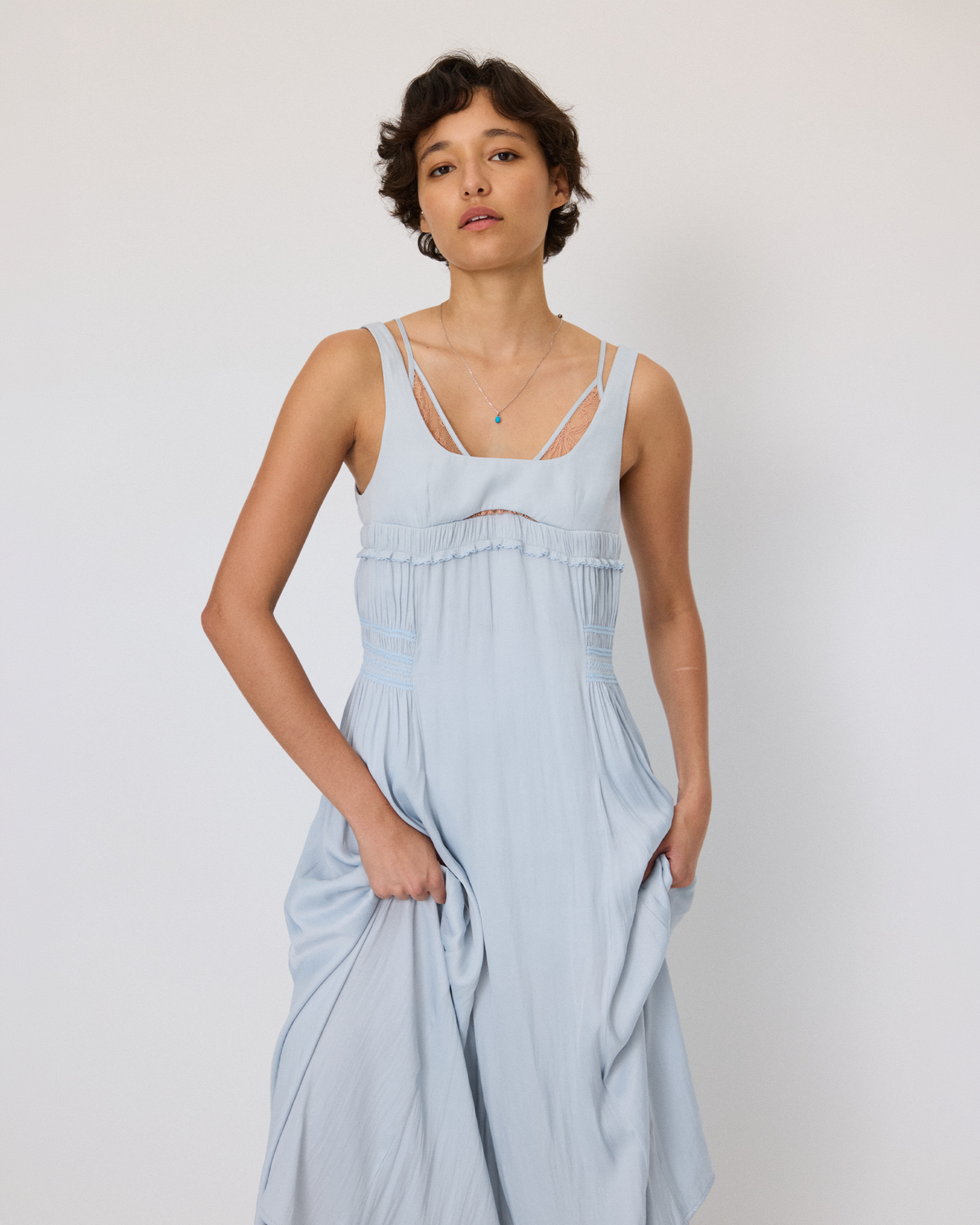 DOUBLE LAYER LACE PINTUCK SATIN DRESS
