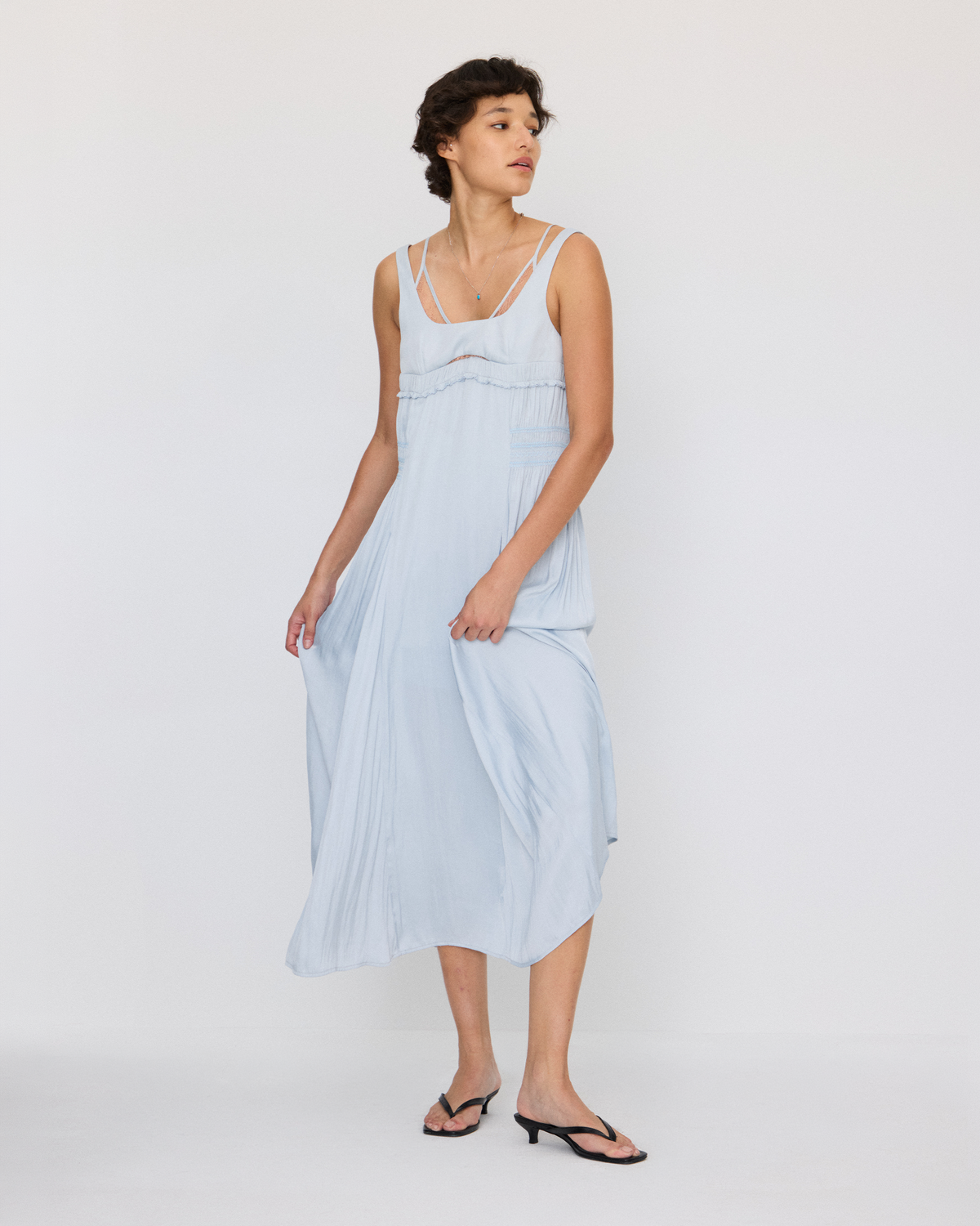 DOUBLE LAYER LACE PINTUCK SATIN DRESS