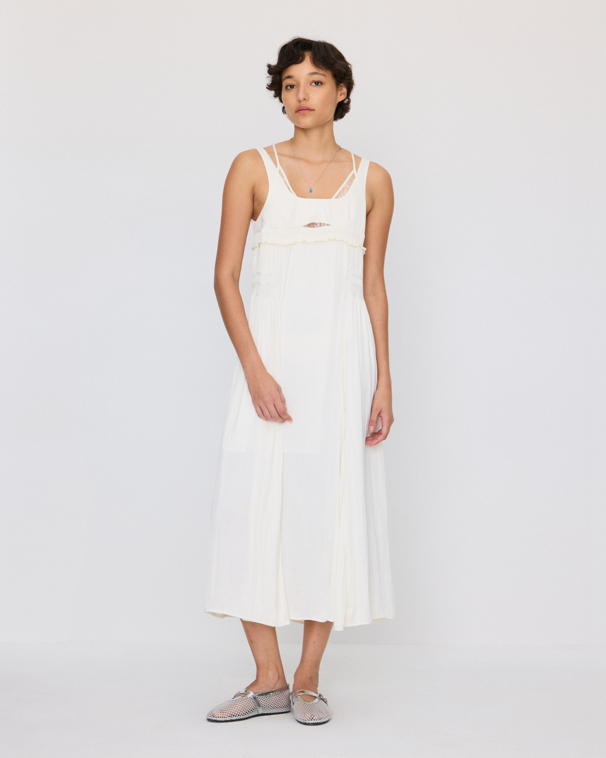 DOUBLE LAYER LACE PINTUCK SATIN DRESS