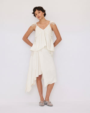 DRAPED EMBROIDERED ASYMMETRIC SKIRT