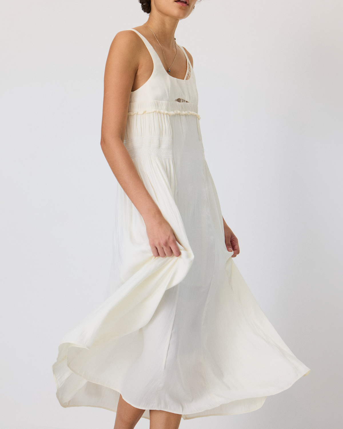 DOUBLE LAYER LACE PINTUCK SATIN DRESS