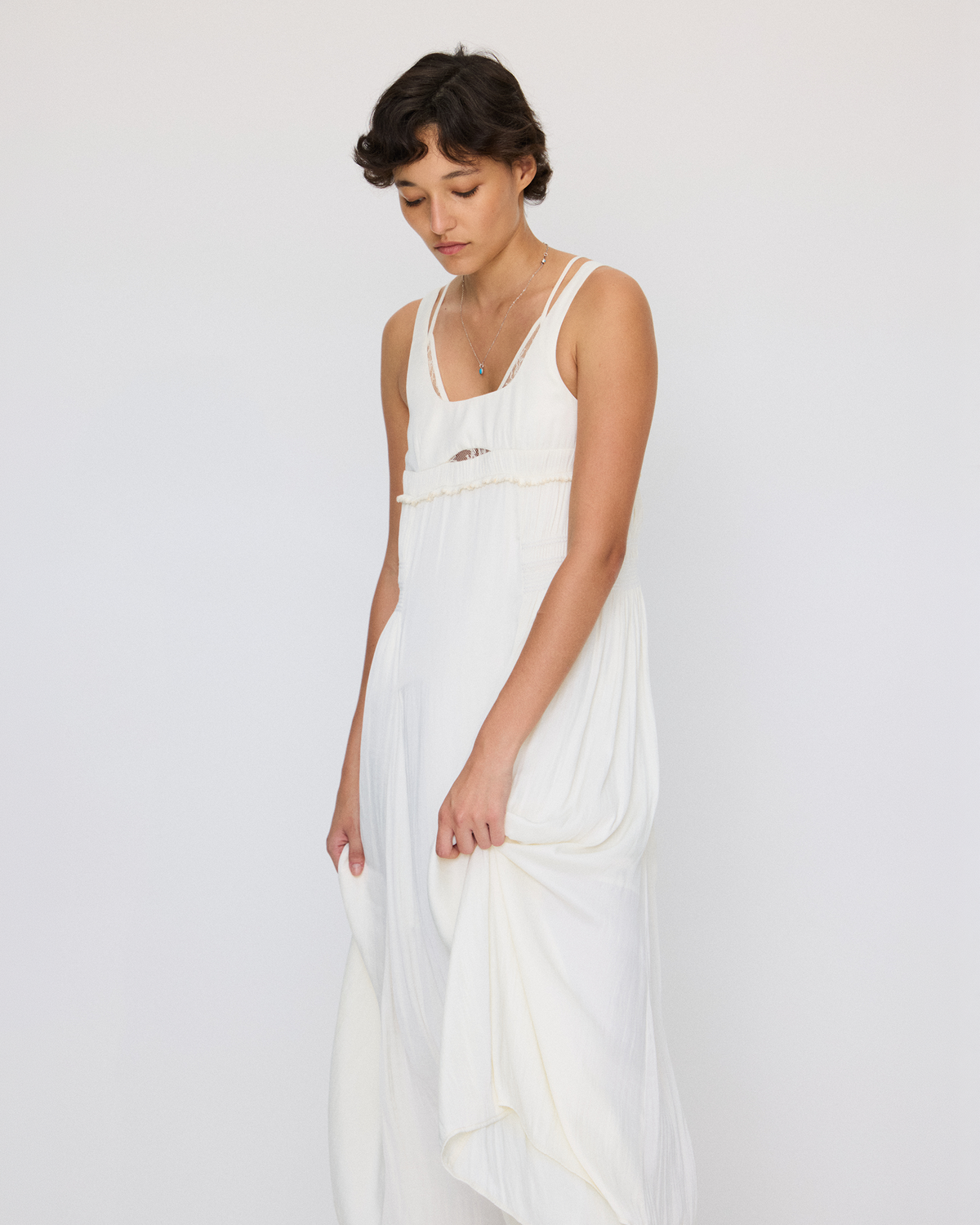 DOUBLE LAYER LACE PINTUCK SATIN DRESS