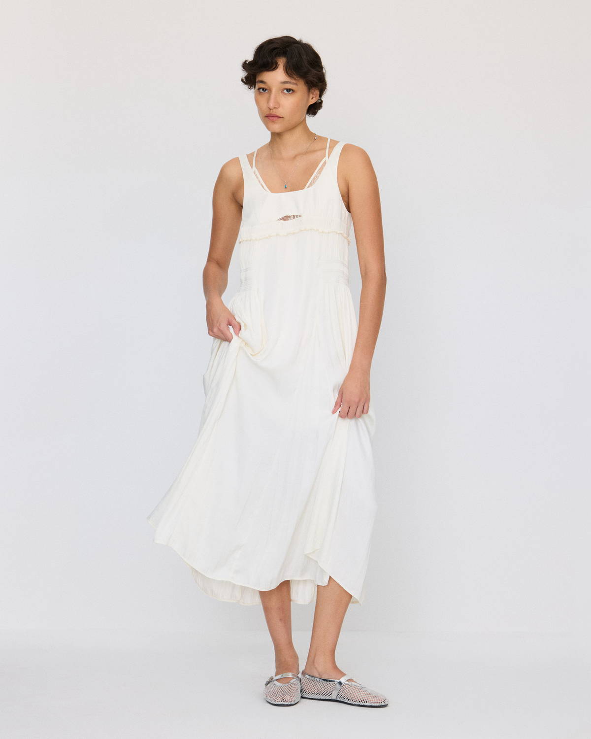 DOUBLE LAYER LACE PINTUCK SATIN DRESS