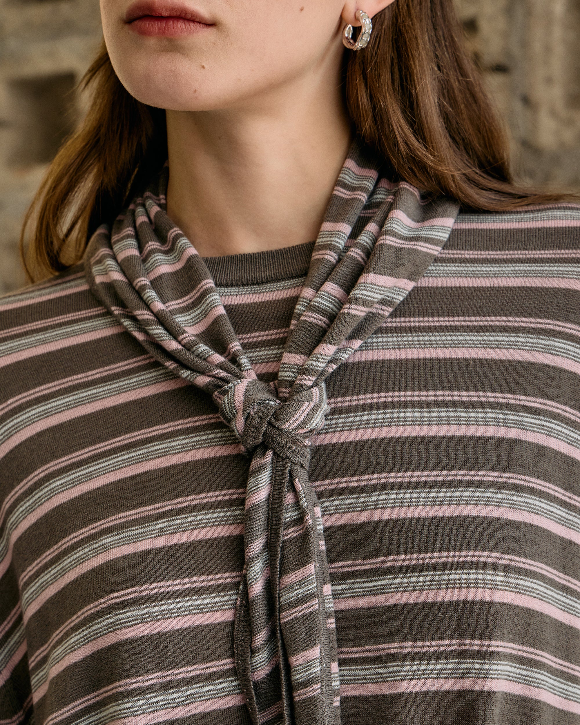 STRIPED SCARF-LAYERED KNIT SWEATER