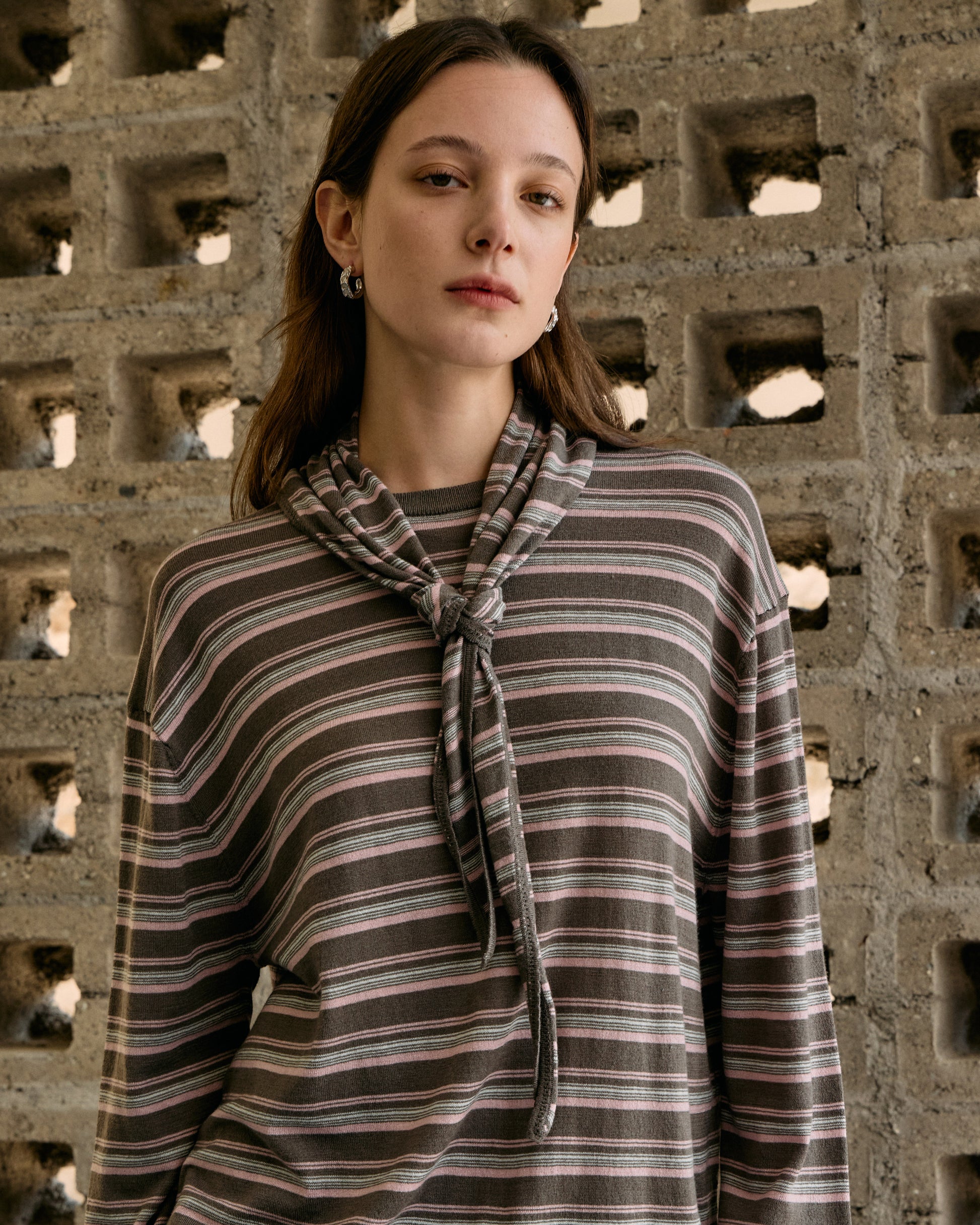 STRIPED SCARF-LAYERED KNIT SWEATER
