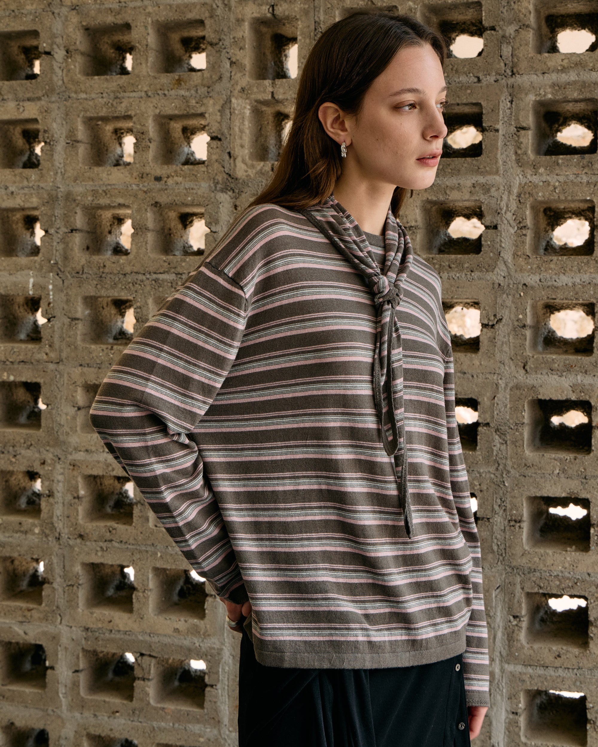 STRIPED SCARF-LAYERED KNIT SWEATER