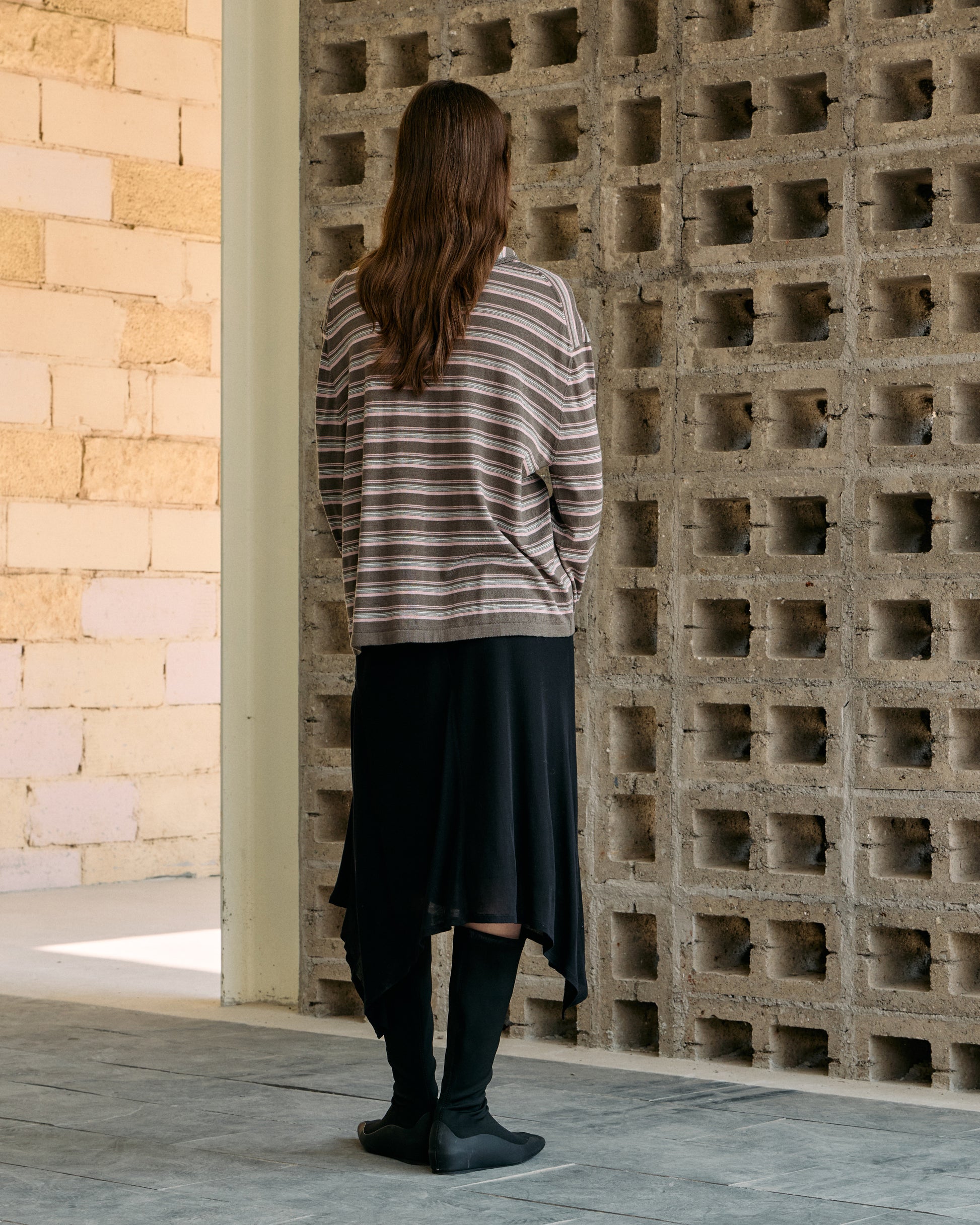 STRIPED SCARF-LAYERED KNIT SWEATER
