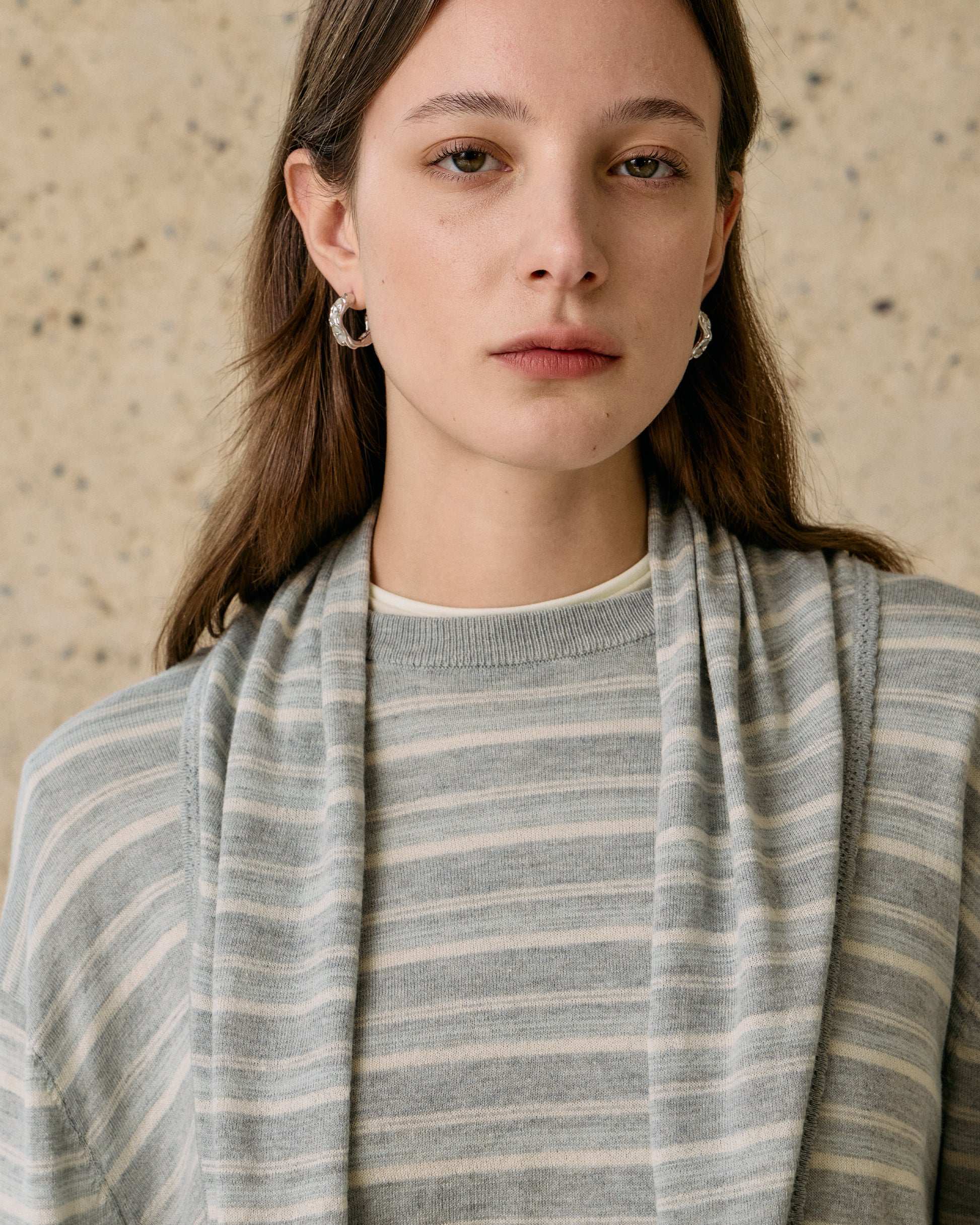 STRIPED SCARF-LAYERED KNIT SWEATER