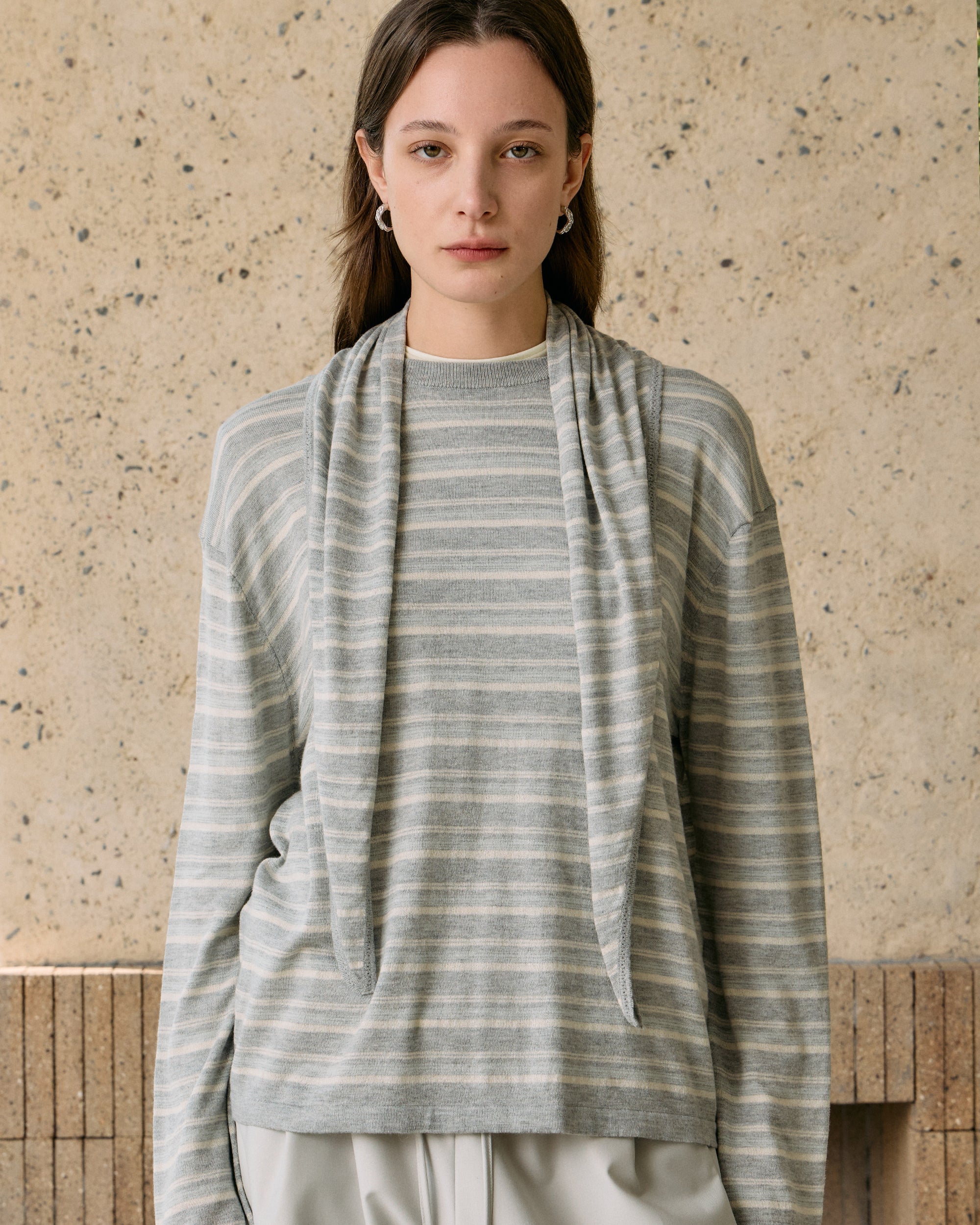 STRIPED SCARF-LAYERED KNIT SWEATER