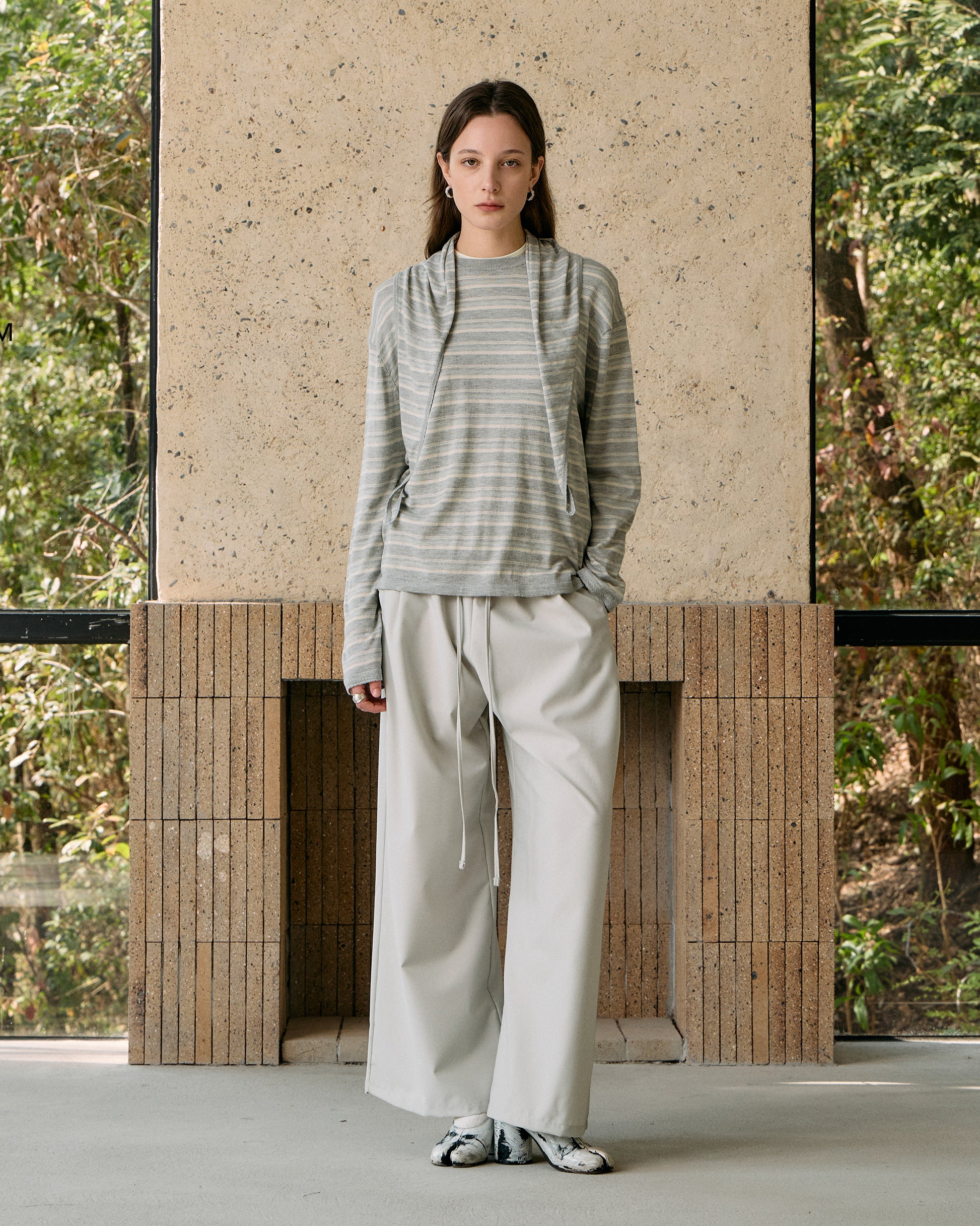 STRIPED SCARF-LAYERED KNIT SWEATER