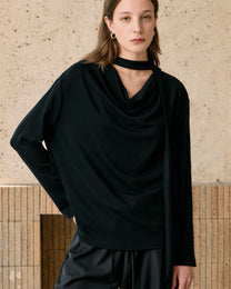 SCARF-DRAPED JERSEY TOP