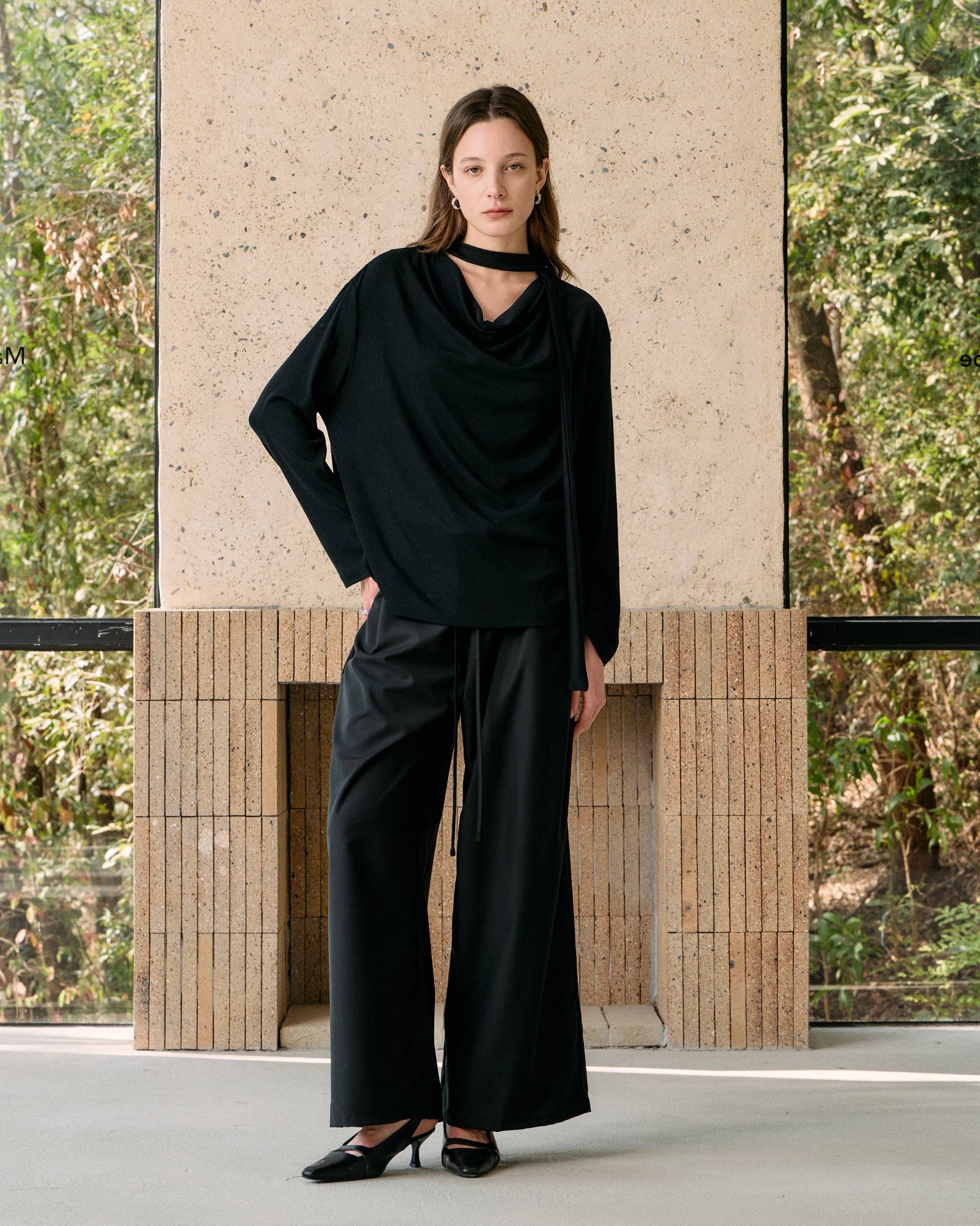 SCARF-DRAPED JERSEY TOP