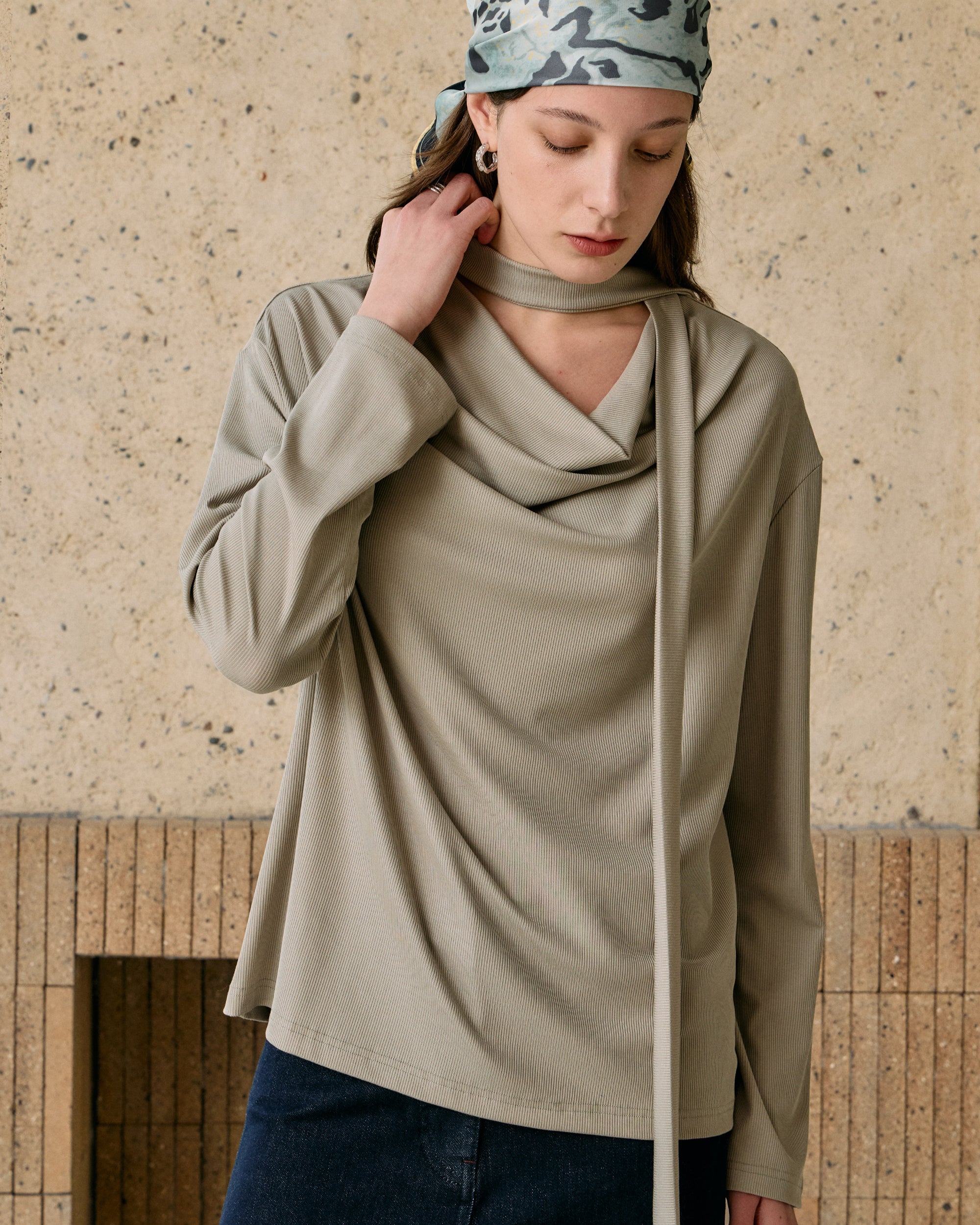 SCARF-DRAPED JERSEY TOP