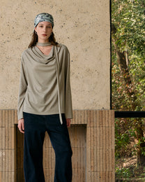 SCARF-DRAPED JERSEY TOP