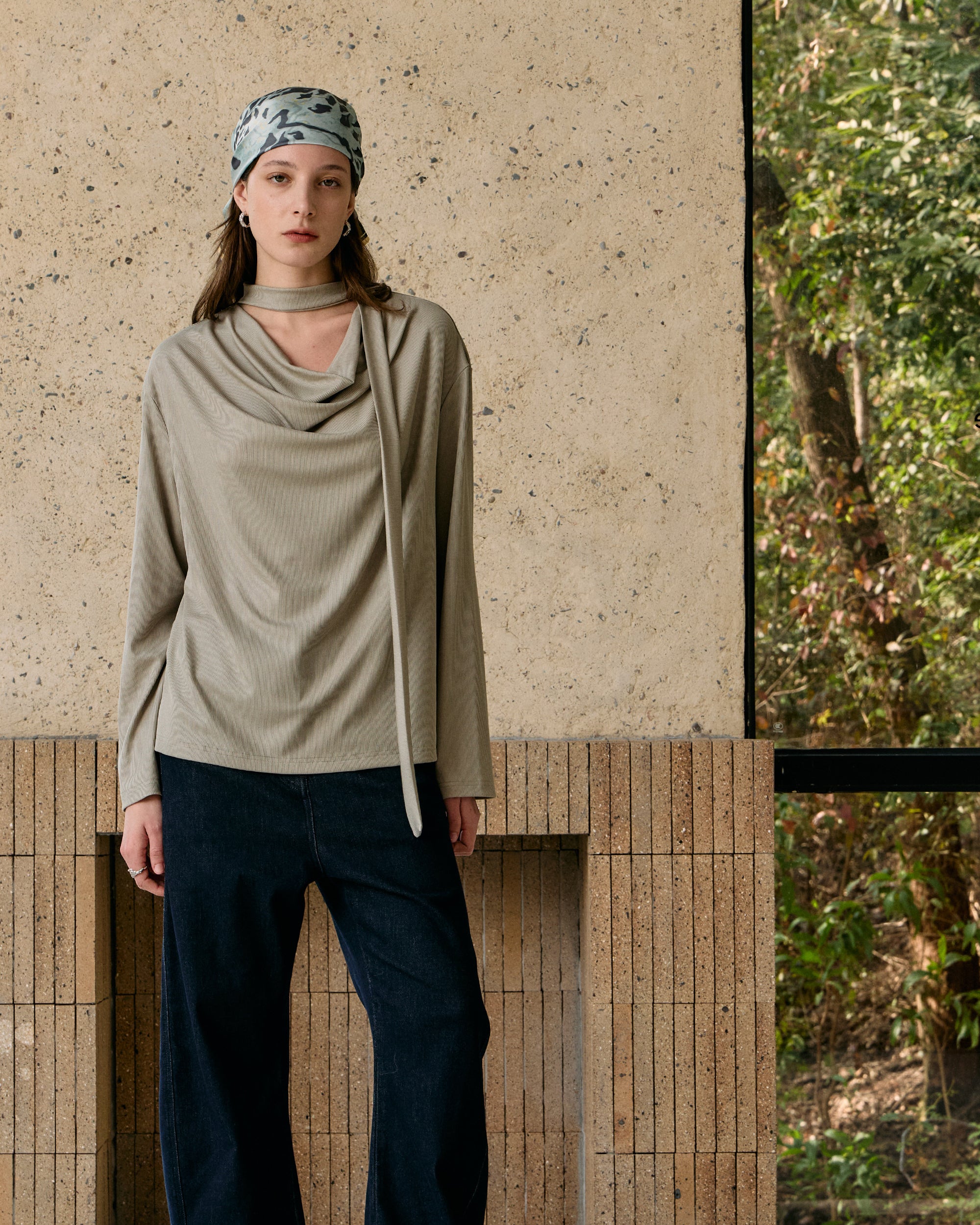 SCARF-DRAPED JERSEY TOP