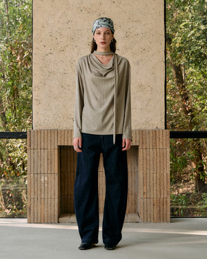 SCARF-DRAPED JERSEY TOP