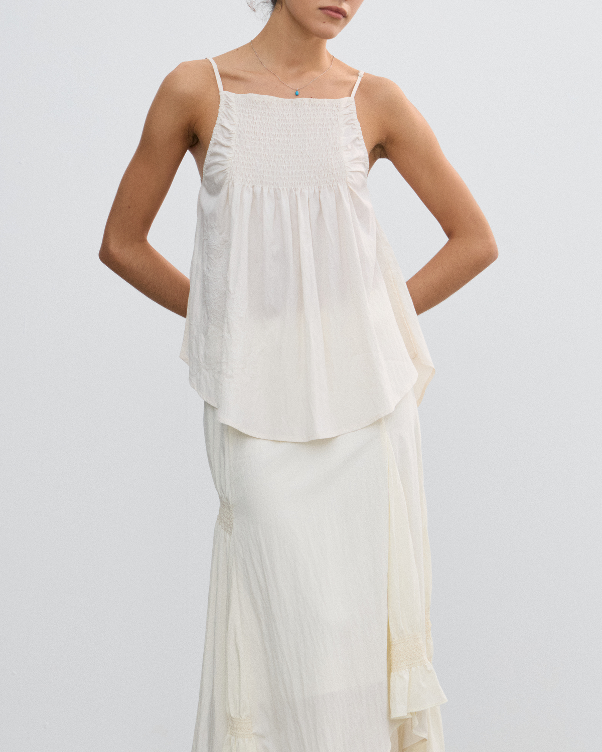 CRINKLE EMBROIDERED FLARE CAMI