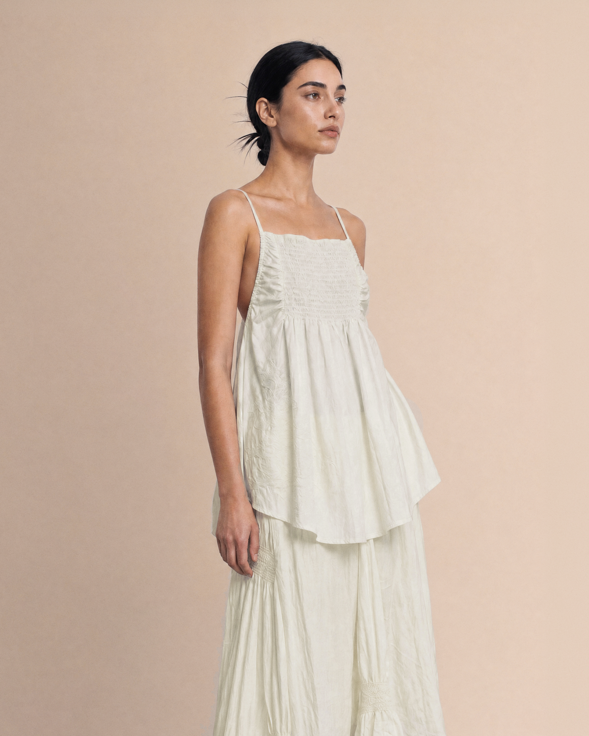 CRINKLE EMBROIDERED FLARE CAMI