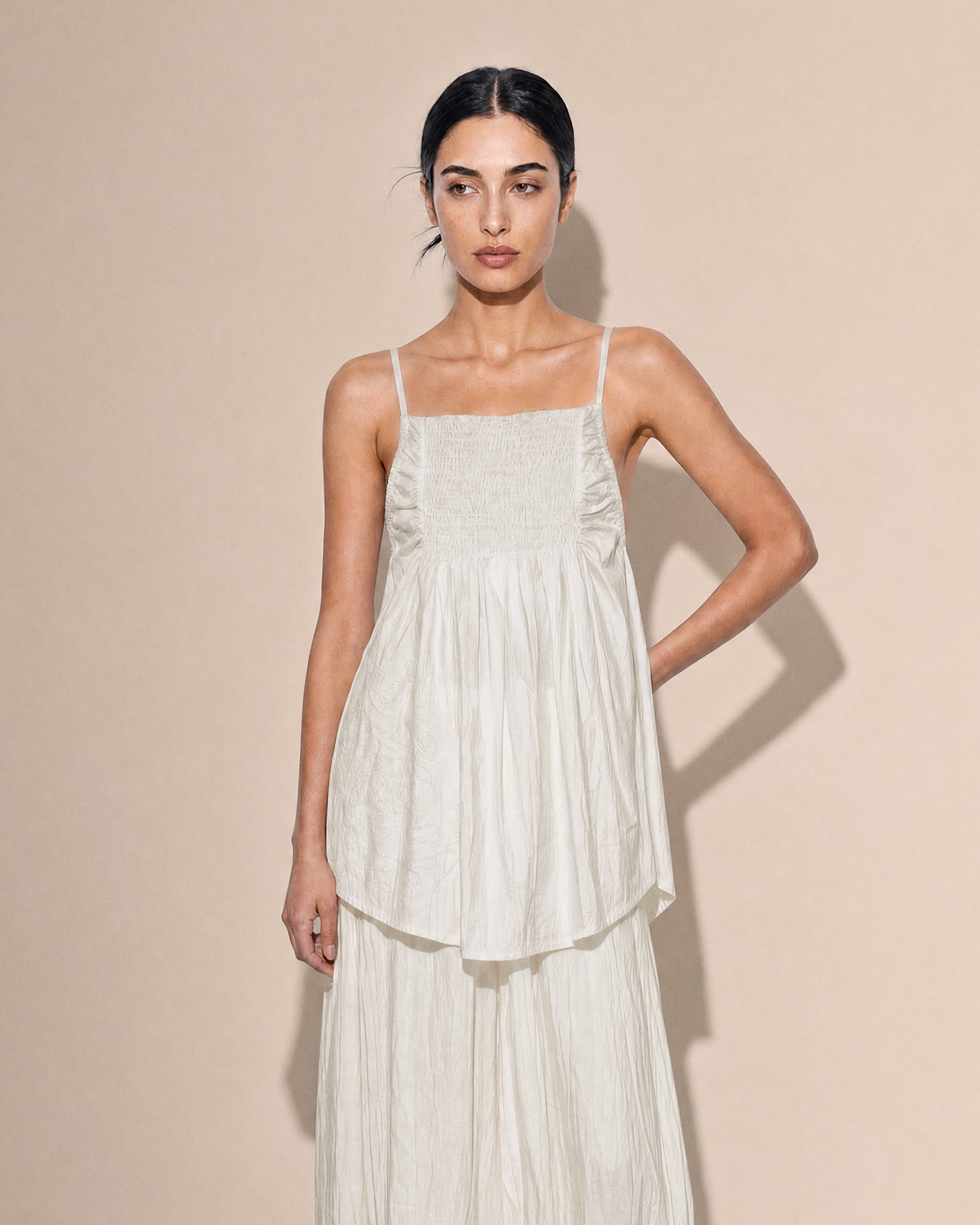 CRINKLE EMBROIDERED FLARE CAMI